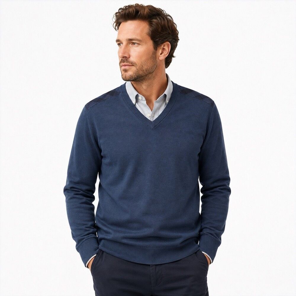 Burberry Brit Blue 100% Extra Fine Merino Wool  V-Neck Long Sleeve Sweater Men L